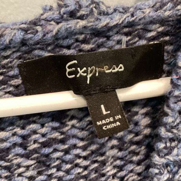 Vtg Express Duster Cardigan Size Large Blue Marbled Merino Wool Blend Y2K Belted - Picture 2 of 10